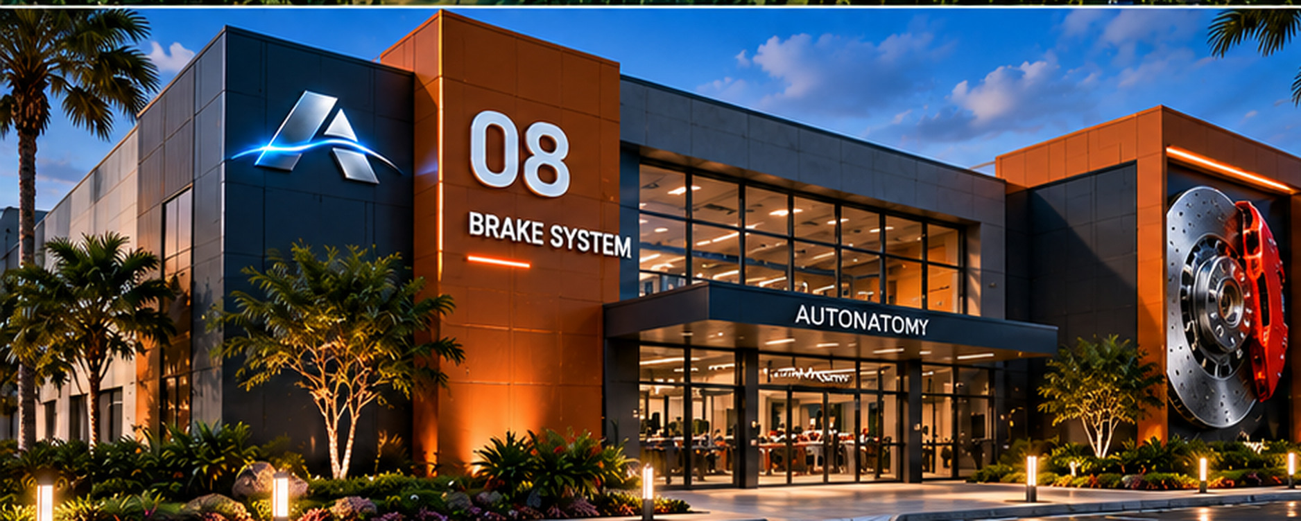 Building 08 Brake System exterior with copper-orange facade, brake rotor display, and restrained Autonatomy A insignia