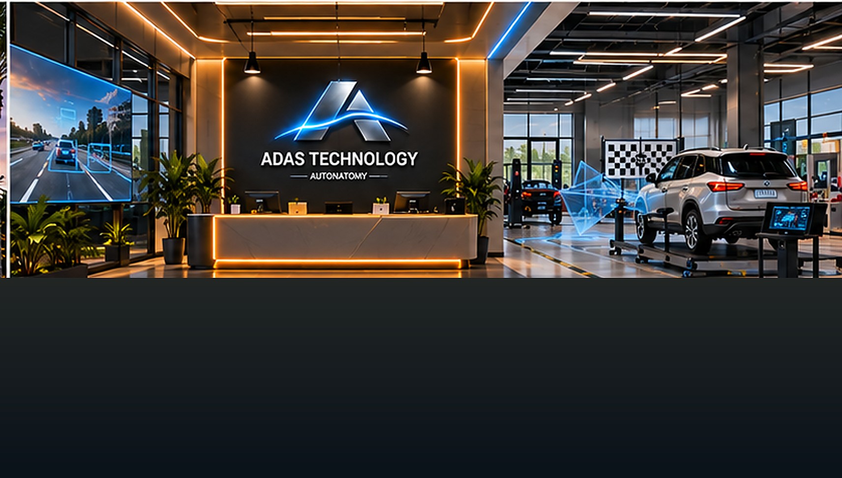 ADAS Technology reception with a front desk, sensor visualization screens, and a training bay with a white SUV and calibration target