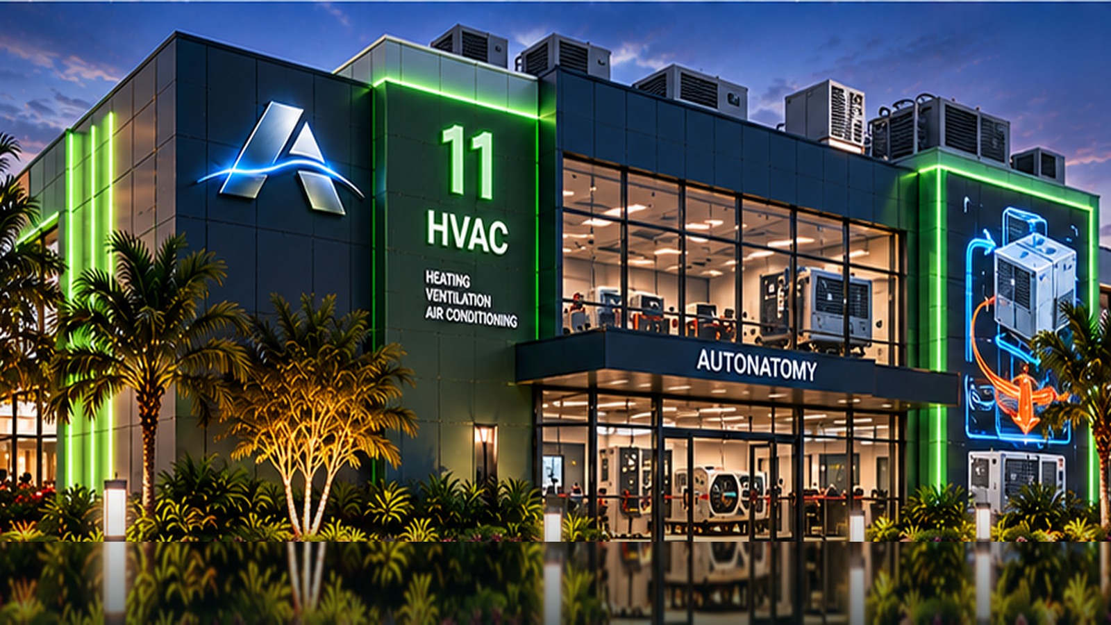 Building 11 HVAC, a modern glass technical academy with green LED accents and subtle Autonatomy sign