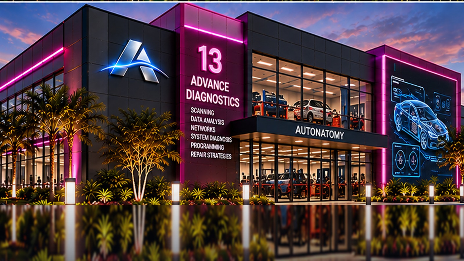 Futuristic Advance Diagnostics Institute with magenta-trimmed glass workshops, scan analysis displays and understated Autonatomy emblem